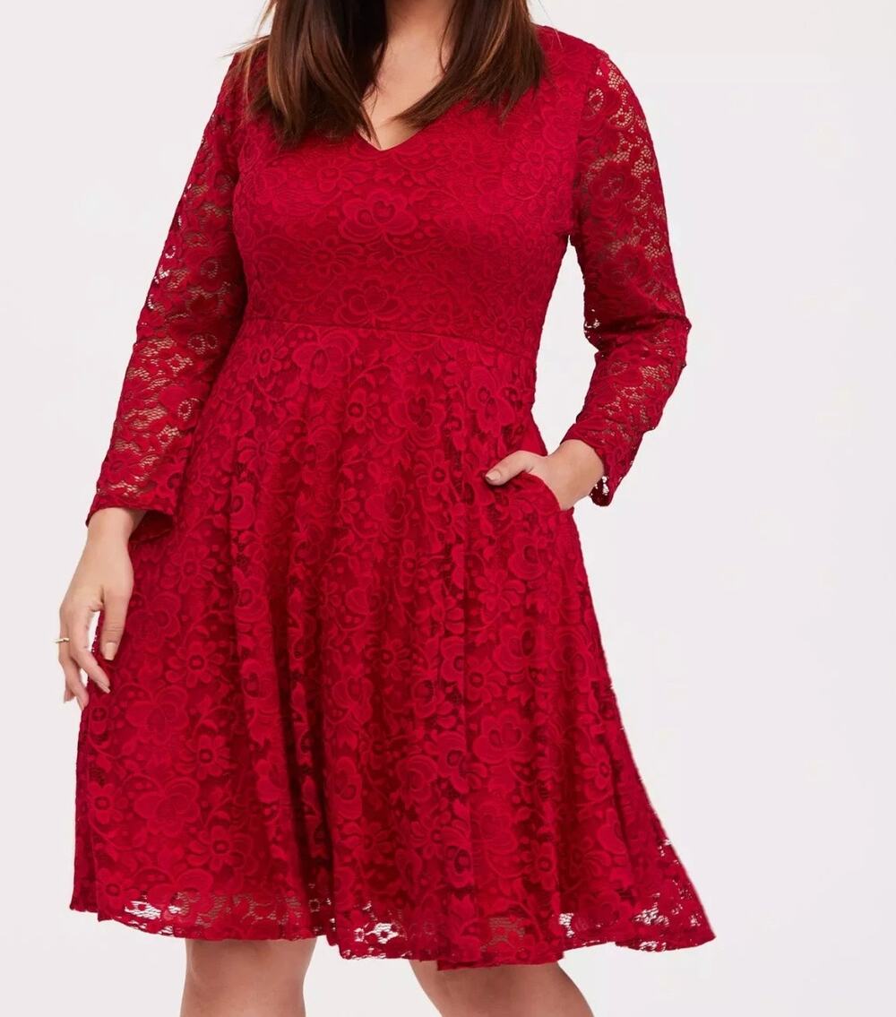 Torrid Red Lace Long Sleeve V Neck Dress Size 2X